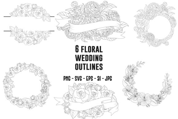 Set of 6 Floral Wedding Outline: Your Go-To Design Toolkit