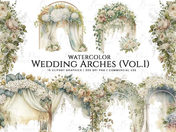 Watercolor Wedding Arches Clipart: 15 PNGs for Your Projects